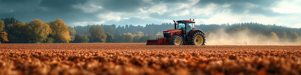 Fototapeta premium Red Tractor in Vast Plowed Field with Forest Background under Dramatic Sky Capturing Rustic Charm of a Countryside Farming Scene