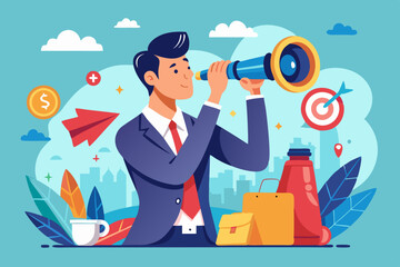Search and discovery career or job opportunity, looking for job vacancy, marketing insight, find new success, research or observation concept, businessman look with spyglass, binoculars on search bar
