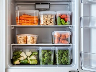 A spotless refrigerator interior with food items stored in clean, airtight containers, demonstrating how cleanliness and proper storage keep pathogens at bay