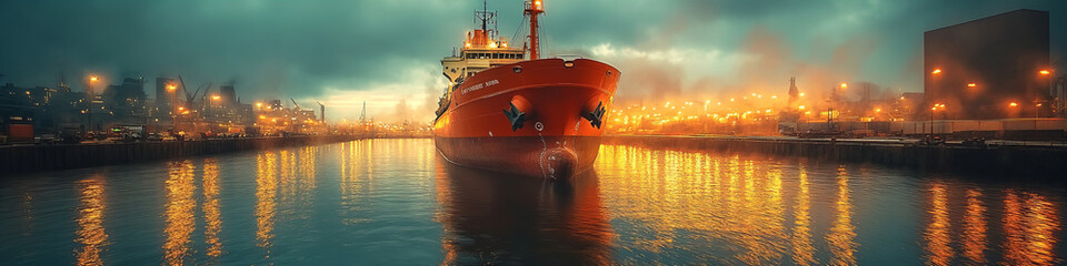Red Cargo Ship Docked at Harbor with Illuminated Cityscape Background Reflecting Warm Lights on Water Offering Aesthetic Peacefulness