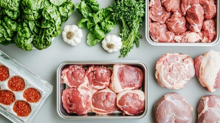 A top down view of a kitchen counter where raw meat and fresh produce are in close contact, visually representing the potential for cross contamination and infection