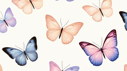 Obraz premium A seamless pattern of delicate butterflies in pastel colors, fluttering across a light background