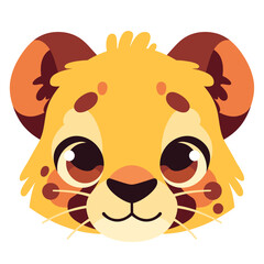 A cute cartoon lion head with simple flat illustration style for vector graphic logo design isolated on a white background