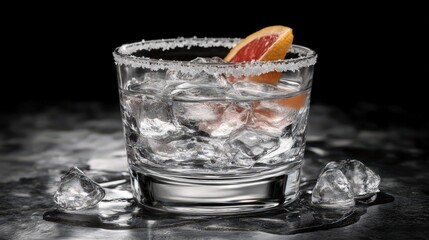 A glass filled with ice and a citrus slice, garnished with salt, on a reflective surface.
