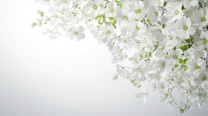   A white flower cluster with green foliage on a white background, with ample space for text or image insertion