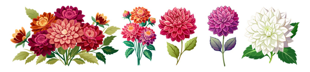 Colorful Dahlia Flower Bundle with Lush Green Leaves - A vibrant collection of seven dahlia flowers, showcasing a range of colors with detailed green leaves, perfect for spring and summer themes.