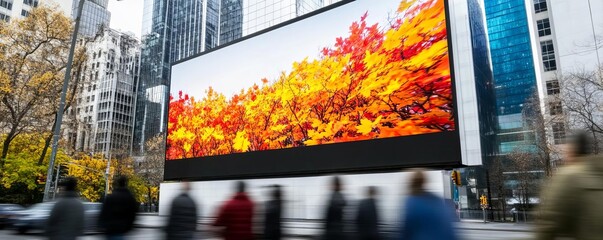 Large digital billboard with dynamic visuals, diverse commuters rushing past, urban business district, high-energy vibe