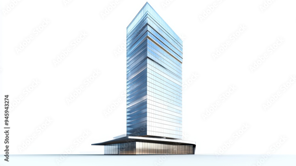 Poster a modern skyscraper with a sleek glass facade and unique angular design.