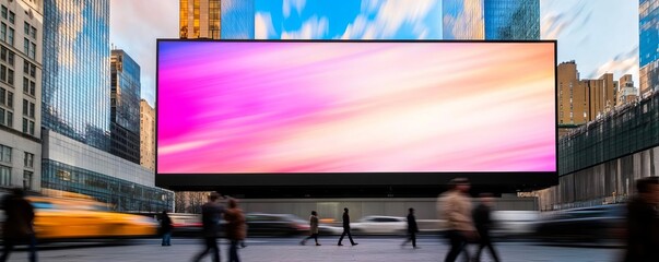 Large digital billboard with dynamic visuals, diverse commuters rushing past, urban business district, high-energy vibe