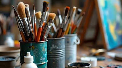 Fototapeta premium A collection of artist paintbrushes in various sizes and shapes, stored in rustic metal cans. This image captures the essence of creativity and the tools used by painters to express their art.