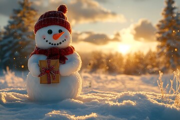 Obraz premium Snowman Holding a Small Wrapped Christmas Gift, Standing in a Snowy Landscape