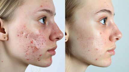 Obraz premium Young girl with skin lesions, acne, blackheads before treatment and after. two photos. in profile