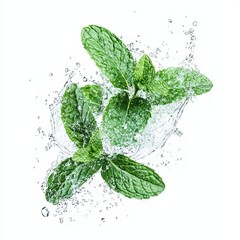 Cute mint leaves splashed with water