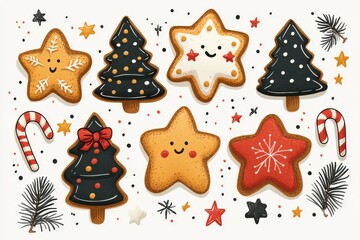 Deliciously decorated Christmas cookies shaped like stars, trees, and gingerbread men with festive sprinkles and candy canes arranged on a flat surface.