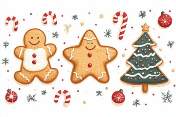 Deliciously decorated Christmas cookies shaped like stars, trees, and gingerbread men with festive sprinkles and candy canes arranged on a flat surface.