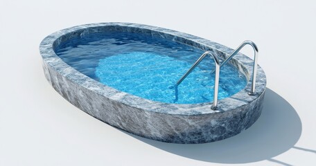 With a concrete deck and metal ladder, this oval swimming pool has a cutout design