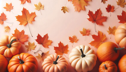 Naklejka premium A collection of small orange pumpkins arranged on a soft beige background autumn leaves in shades of orange and brown