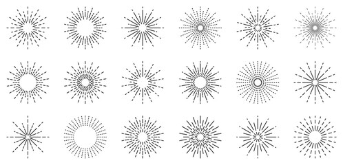 Sunburst set, sunbeam icons, sun rays or vector fireworks