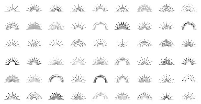 Sun rise set, sunset vector icons, sunburst rays collection