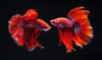 Fototapeta premium Beautiful movement of red betta fish, Two Fancy Halfmoon Betta, The moving moment beautiful of Siamese Fighting fish, Betta splendens, Rhythmic of Betta fish isolated on black background