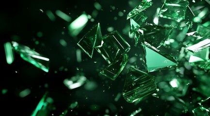 Green color broken glass pieces on black background. Abstract green jewelry background