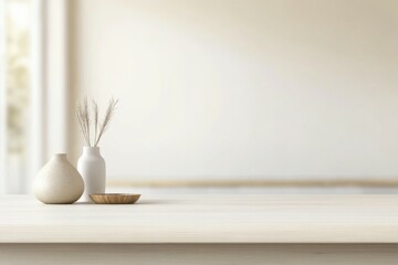 A clean and stylish table surface showcases a simple vase filled with dried plants, set against a tranquil and softly blurred interior, enhancing the serene atmosphere