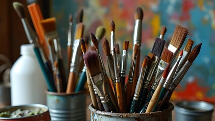 A collection of artist paintbrushes in various sizes and shapes, stored in rustic metal cans. This image captures the essence of creativity and the tools used by painters to express their art.