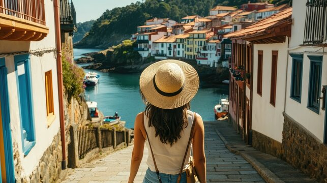Brunette woman walking towards Cudillero, sun hat shielding her from the sun, snapping photos of the quaint fishing village, joyful and carefree