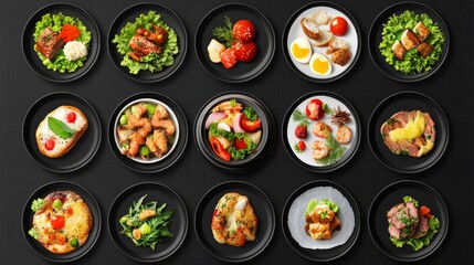 Fast food japan set on black plates on black table, vector illustration, top view, photo, banner, background, article design, menu, cafe, snack, decoration