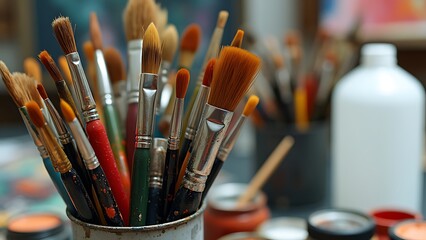 A collection of artist paintbrushes in various sizes and shapes, stored in rustic metal cans. This image captures the essence of creativity and the tools used by painters to express their art.