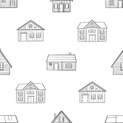 Seamless pattern village. House icons showcasing different architectural styles. Black and white doodle buildings. Outline monochrome
