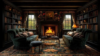 A cozy library living room with plush sofas, a warm fireplace, and bookshelves filled with books, perfect for relaxation.