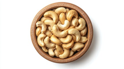 Fototapeta premium Cashew nuts in a wooden bowl, top view, isolated on a white background. Ideal for promoting natural and healthy foods.