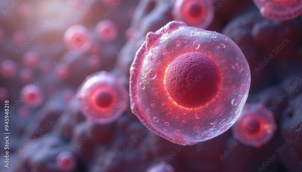 Poster microscopic view of a cell with a glowing nucleus illustrating biological science concepts