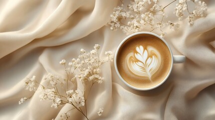 A coffee cup showcasing elegant latte art, elegantly arranged with delicate flowers on a light fabric
