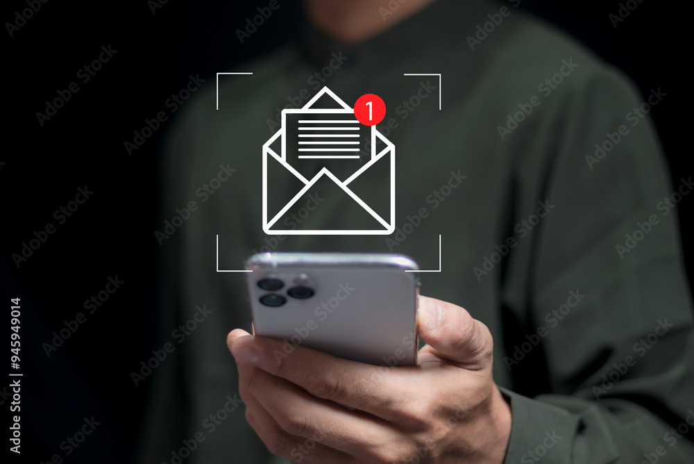 Poster businessperson using smartphones check new email notifications and business digital online marketing