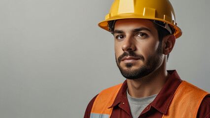 A worker portrait with yellow helmet on white background Happy labor day celebration A Labor with copy space background banner