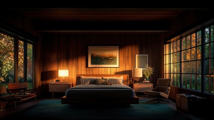 Cozy, modern bedroom with wooden accents, large windows, and soft lighting, perfect for relaxation and comfort.
