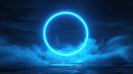 A glowing neon light circle frame floating in the dark blue night sky, creating a futuristic and mystical atmosphere