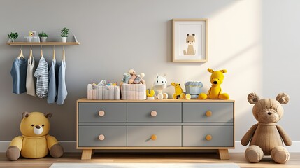 Clean and modern sideboard in a children's room, showcasing baby clothes and toys arranged neatly, creating a welcoming space.