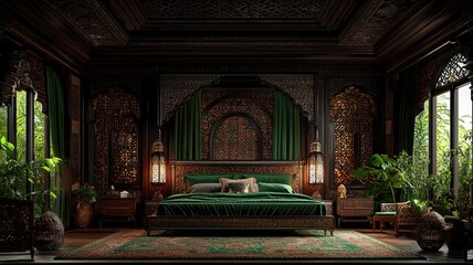 Naklejka premium Elegant bedroom interior featuring intricate designs, rich green tones, and lush plants for a serene and luxurious atmosphere.