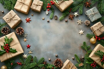 This vibrant top view illustration showcases a festive holiday workspace filled with Christmas supplies like ribbons and wrapping paper, perfect for jotting down gift ideas.