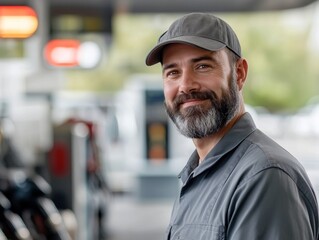 Obraz premium Man in working clothes, driver, loader on blurred background of cars on the street, photo. Photo, advertising, trucking, marketing, forwarding, shipping, transportation, transport, cargo, transportati