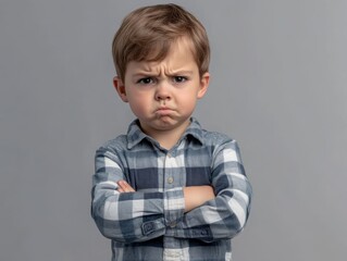 Dissatisfied, angry, offended child with a dissatisfied expression on a light background with space for an inscription, text, photo, close-up. Upbringing, education, psychology, children, resentment
