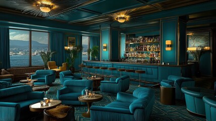 Luxurious bar interior featuring teal decor, comfortable seating, and a scenic view, perfect for relaxation and enjoyment.