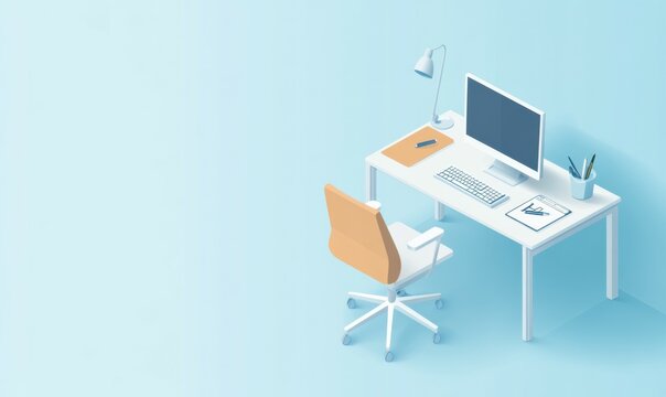 A modern medical consultation room with a desk equipped for patient visits featuring a computer, stethoscope, and organized supplies in professional, cool-toned colors.