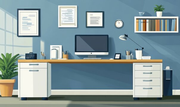 A modern medical consultation room with a desk equipped for patient visits featuring a computer, stethoscope, and organized supplies in professional, cool-toned colors.