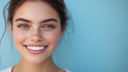 Naklejka premium Closeup Young Woman Healthy Teeth Blue Background
