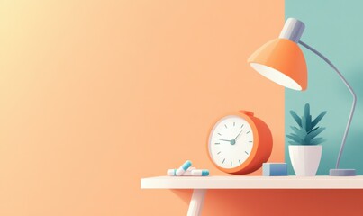 A cozy bedside table with a modern pill organizer, welcoming lamp, and an alarm clock for a soothing nighttime routine.