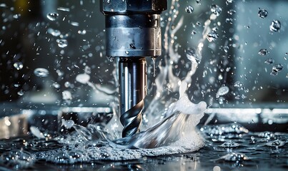 CNC machining centre drilling steel and using metal working fluid as coolant. 